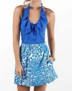 Lilly Pulitzer Blue Quinn Halter Dress Women Floral Seashell Beach Fit & Flare L